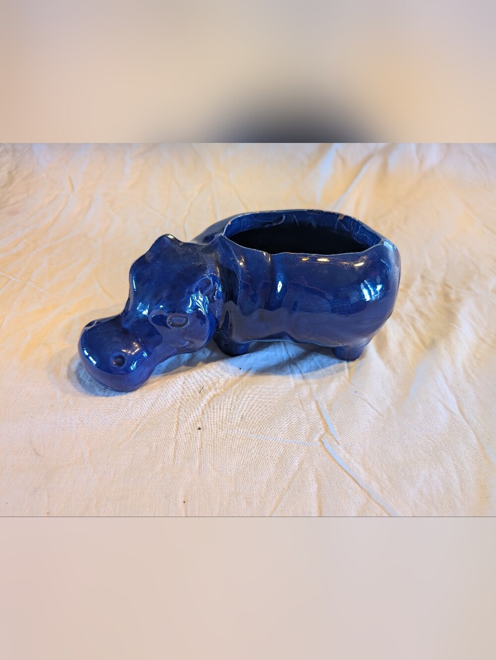 2/60$ Vintage Glossy Blue Ceramic Hippo Planter